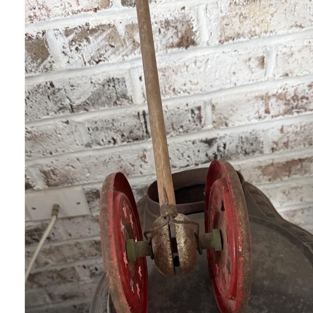 Vintage/Antique Metal Pull Push‎ Children's Toy with Working Bell Star Wheels